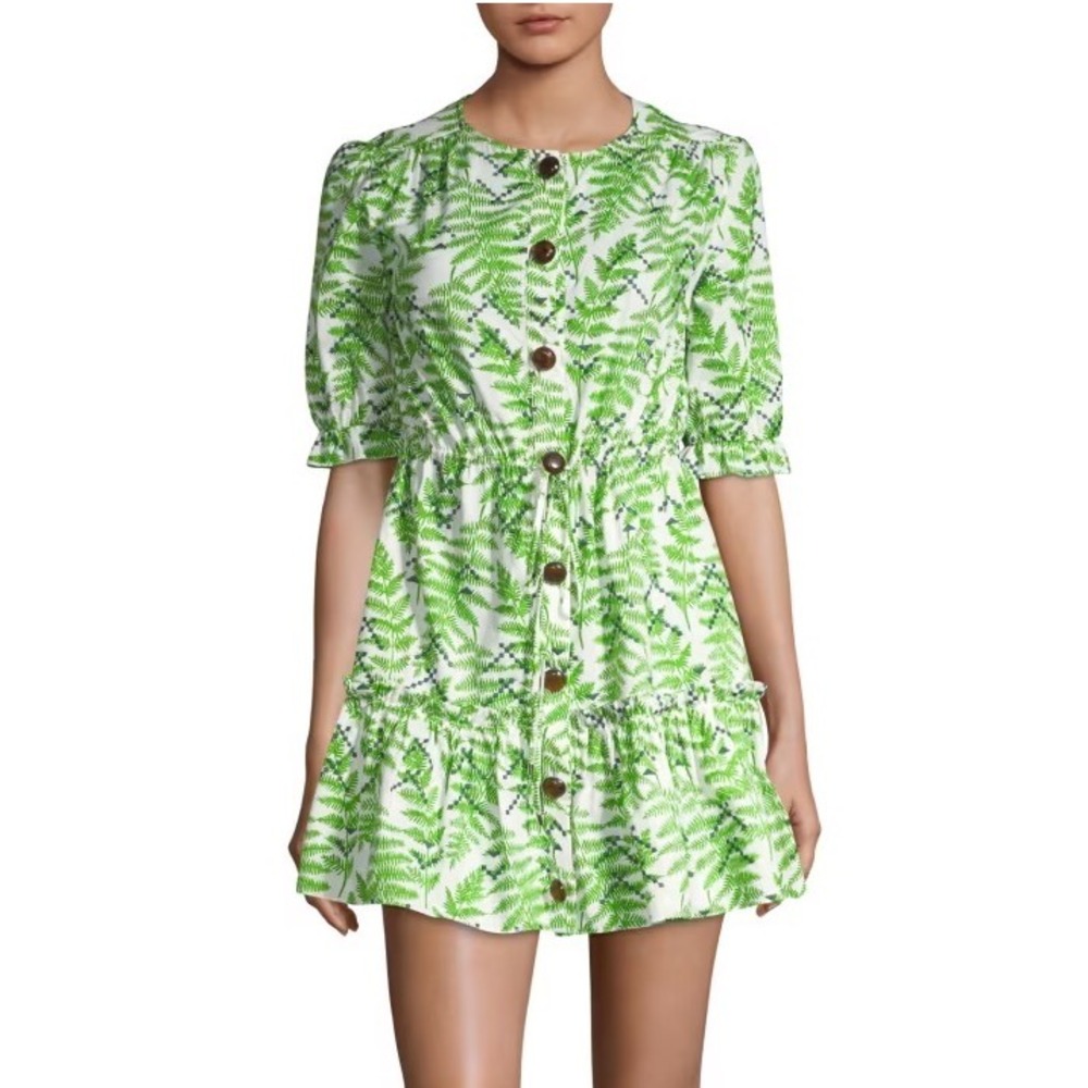 SALONI Billie C Dress Green Fern Embroidered Sz 2 Green White Mini Chic Cute‎